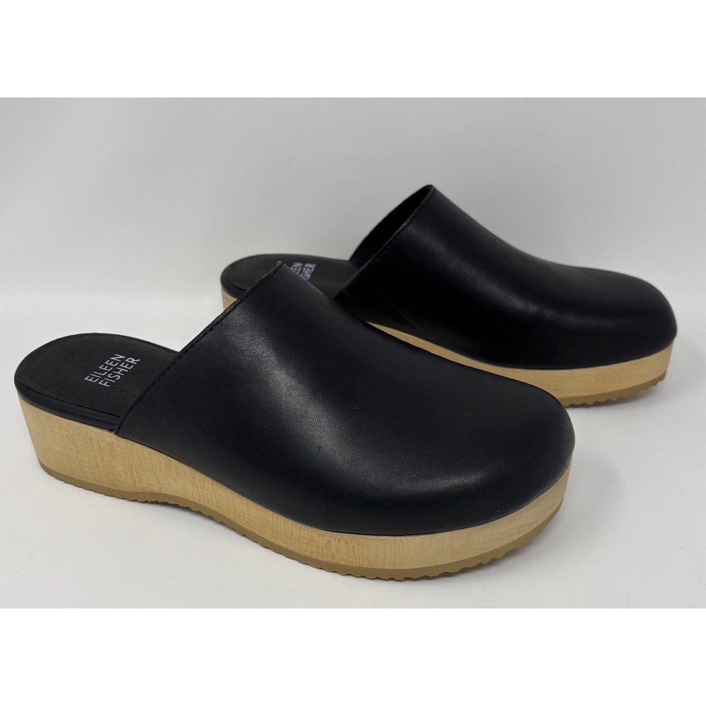 Eileen Fisher Sport Mule Black Leather Clogs Women's Size 6.5 New